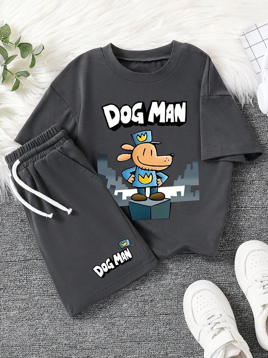 Tween Boy Cartoon Print Crew Neck Short Sleeve T-Shirt And Shorts Set