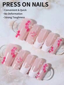 24Pcs Long Square 3D Three-Dimensional Gelnail Makes Flower Nails With Pearl Decorate Design White French Acrylic Press On Nails Long Perfect Fit Fake Nail Set, Easy To Wear Summer Nails And French Tip Nails Art For Woman Girl Daily Work Wear Rave Party Use - Nhiều màu - Xem 2