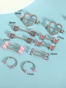 Set de 12 piezas de 14G Anillos para pezones de acero quirúrgico para mujeres con corazones de circonita y mariposas, un regalo ideal para San Valentín, Mamá, Madre, Día de la Madre - mezclar anillo de pezón - Ver 18