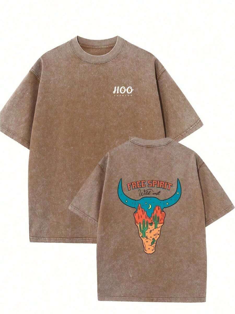Vintage Streetwear Oversized Drop Shoulder T-Shirt - Soft Cotton, Relaxed Fit, Acid Wash, Unisex Design, Baggy Hip Hop Style, Free Spirit Print - Perfect For Casual Outings Fashion Design Soft Fabric  Loose Fit Unisex Retro Street Style - Nâu đỏ - Xem 1