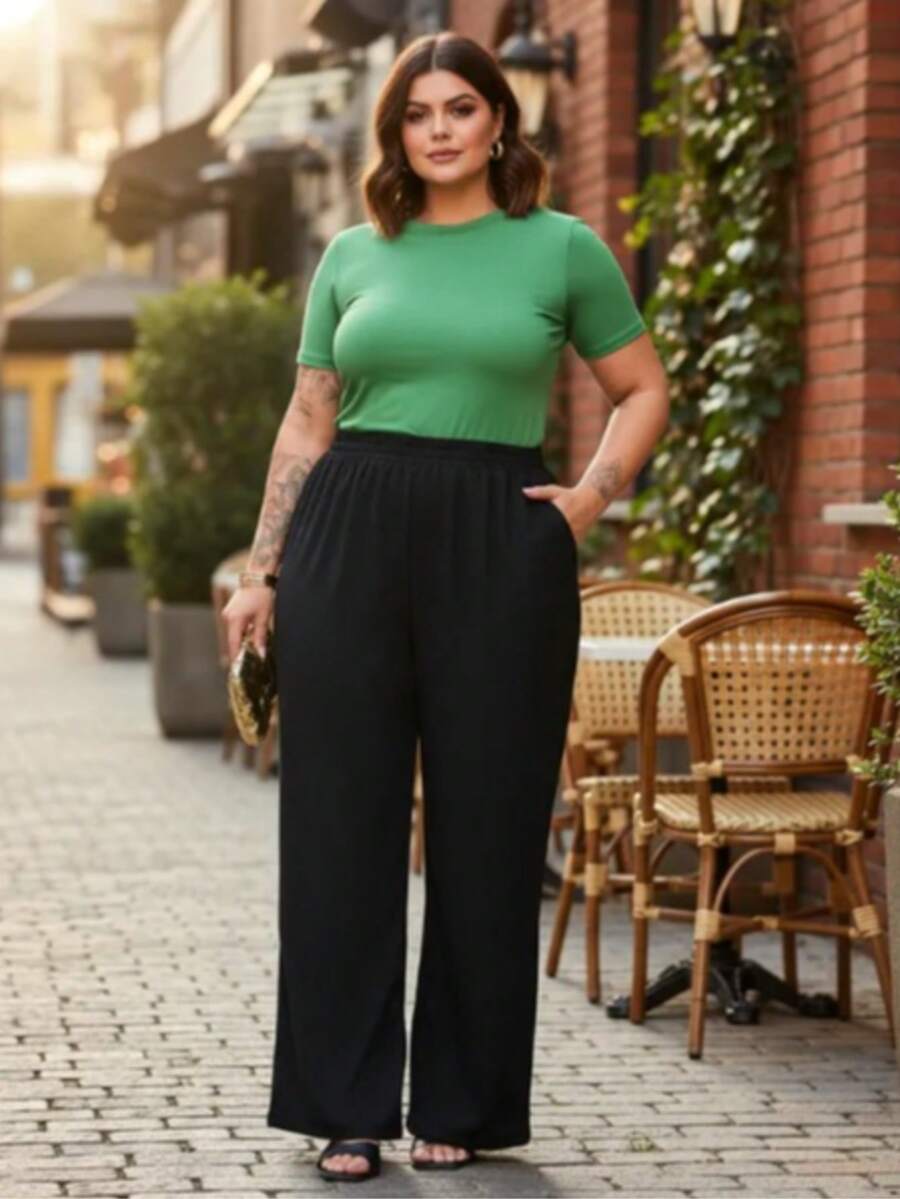 Women's Wide Leg Wide Leg Pants Plus Size High Waist Elastic Waistband Comfort Elegant Luxury Line - màu đen - Xem 1