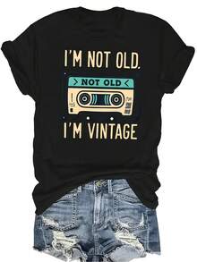 [Camiseta de Moda Casual] Camiseta de Mujer Suave y Cómoda - Humor de Casete Vintage Casual de Manga Corta Cuello Redondo, Regalo Perfecto para Abuela y Mamá, Uso Casual de Primavera Verano - Negro - Ver 1