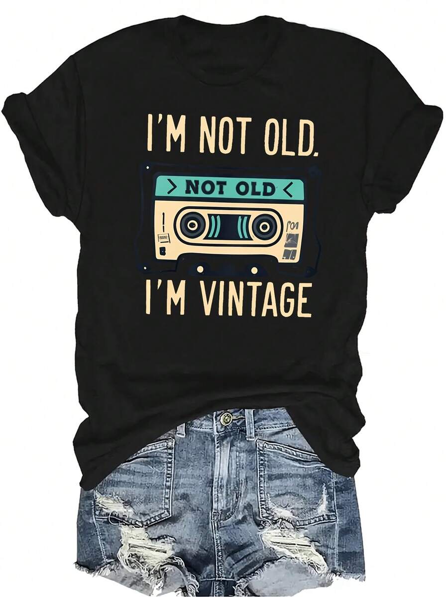 [Camiseta de Moda Casual] Camiseta de Mujer Suave y Cómoda - Humor de Casete Vintage Casual de Manga Corta Cuello Redondo, Regalo Perfecto para Abuela y Mamá, Uso Casual de Primavera Verano - Negro - Ver 1