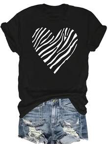 [Camiseta de moda casual] Camiseta suave y cómoda para mujer - Estampado de corazón de cebra Casual de manga corta y cuello redondo, regalo perfecto para la abuela y la mamá, uso casual de primavera y verano - Negro - Ver 1