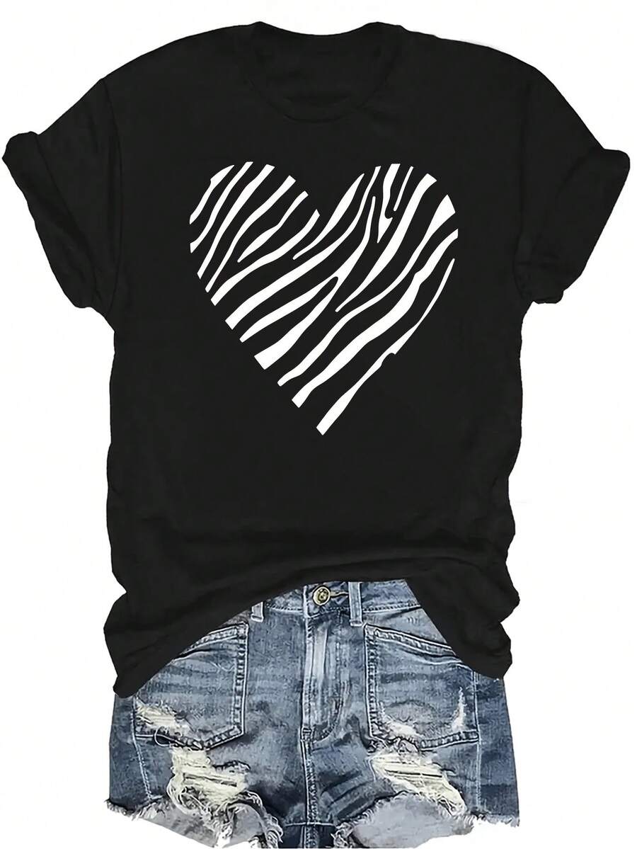 [Camiseta de moda casual] Camiseta suave y cómoda para mujer - Estampado de corazón de cebra Casual de manga corta y cuello redondo, regalo perfecto para la abuela y la mamá, uso casual de primavera y verano - Negro - Ver 1