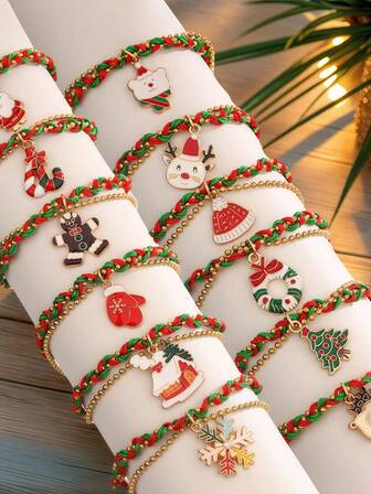 4/6/12PCS Adjustable Christmas Bracelet Set - Features Christmas Tree, Santa Claus, Snowflake, Snowman, Gingerbread Man, And Other Rhinestone-Embellished Charms And Pendants - Braided Cord, CCB Beaded Chain, Multi-Layer Bracelet Set - Fashionable And Personalized Bohemian Holiday Unisex Bracelet For Parties - Exudes Christmas Festivity, Multi-Pack Ideal For Gifting To Family And Friends (Random Colors And Styles)