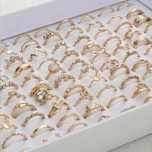 45 piezas Juego de anillos de tono dorado de lujo | Estilos surtidos con cristales y diamantes, adecuado para uso diario y ocasiones especiales, surtido aleatorio - Juego aleatorio de 45 piezas - Ver 5