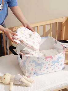 1pc Cartoon Pony Print Open Storage Box, Multifunctional Storage Basket With Handle, Holiday Gift, Mother's/Father's Day Gift, Baby Supplies Storage, Diaper Storage, Daily Organizer For Living Room, Bathroom, Kitchen, Foldable Clothes Storage, Cute & Lightweight, Suitable For Home, Kids, Nursery