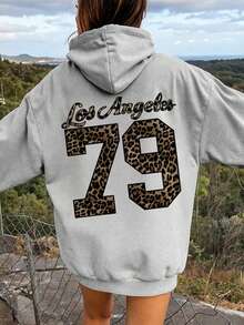 1pc Tween Girl Casual Leopard Print Letter Graphic Pullover Sweatshirt, Thermal Lined, Autumn/Winter