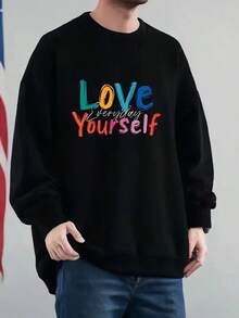 LOVE YOURSELF Men's Oversized Sweatshirt - Black Pullover With Love Yourself Everyday Colorful Graphic Print, Loose Fit Long Sleeve Crewneck Sweater For Fall-Winter,Fall Hoodies,Men's Fall Clothes,Street Wear,Halloween,Mens Hoodies,Y2k Clothes,Jesus Hoodie,Thanksgiving Day,Nightmare Before Christmas,Christmas - màu đen - Xem 1
