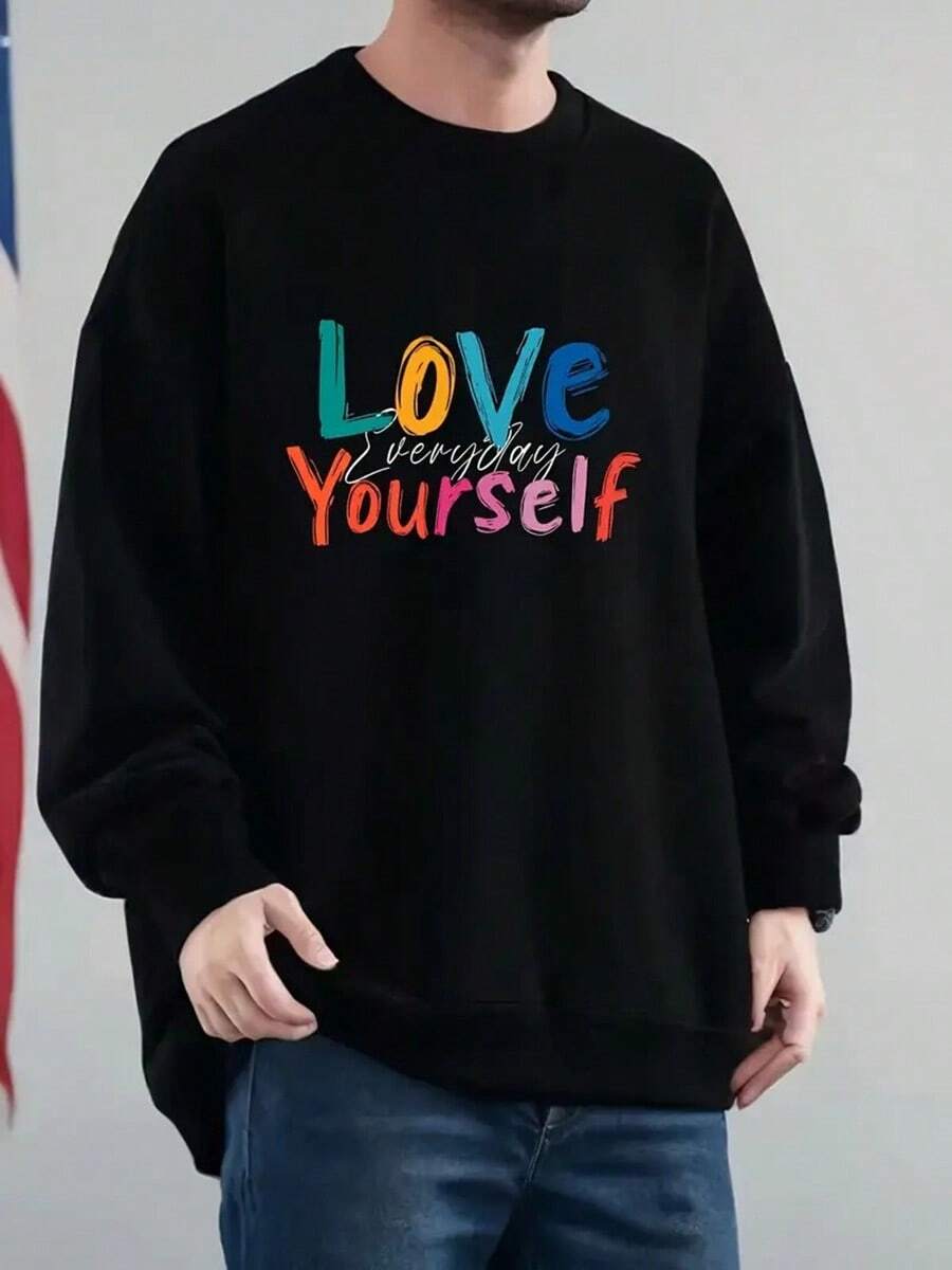 LOVE YOURSELF Men's Oversized Sweatshirt - Black Pullover With Love Yourself Everyday Colorful Graphic Print, Loose Fit Long Sleeve Crewneck Sweater For Fall-Winter,Fall Hoodies,Men's Fall Clothes,Street Wear,Halloween,Mens Hoodies,Y2k Clothes,Jesus Hoodie,Thanksgiving Day,Nightmare Before Christmas,Christmas - màu đen - Xem 1