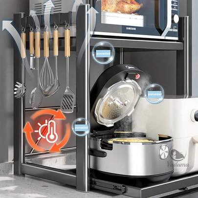 Estante para Microondas de 2 Niveles – Ajustable en Altura, con Bandeja Deslizante y 6 Ganchos – Ideal para Cocina Pequeña Soporte para Microondas con Organizador – Estante Doble, Bandeja Extraíble y Ganchos – Ahorra Espacio en tu Cocina Mueble para Microondas con Cajón Deslizante – 2 Pisos, 6 Ganchos para Utensilios – Perfecto para Cocinas Compactas