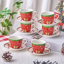 MBB Christmas Teacup And Saucer Set Ceramic Espresso Coffee Mug With Saucer Festive Serveware Holiday Gift Christmas Cup Charming Holiday Design Versatile Drinkware Elegant Holiday Theme Prints Finish U-Shape Memorable Holiday Gift Dishwasher And Microwave , 3 Oz Or 6 Oz Porcelain Cup For Tea, Coffee, Espresso - Christmas Tree, Holly & Red Berries Holiday Accents - Holiday Collection Design For Gifting - Multicolor - View 6