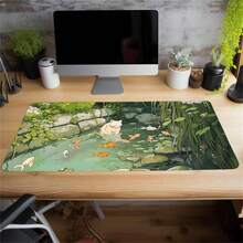 Large Anime Cat And Fish Mouse Pad With Stitched Edge, Non-Slip Rubber Base XL Desk Mat, Oblong Office Desk Accessories, 35.4x15.7 Inch - Gift For Friend Women Back To School - 80*30*0.2厘米 - 查看 3