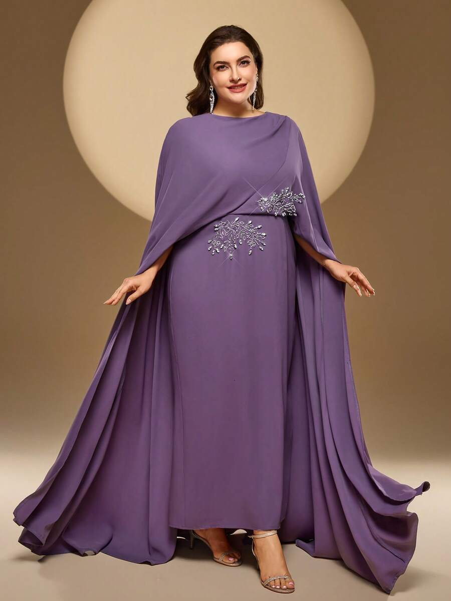 Đầm dài dáng suông thanh lịch, kín đáo màu trơn dành cho nữ, cổ áo choàng bất đối xứng, đính đá lấp lánh ở eo, tay dài, thích hợp mặc hàng ngày, dự tiệc gia đình, dạ hội, đám cưới, tiệc mùa xuân. - Màu tím - Xem 1