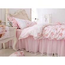 Romantic Roses Print Duvet Cover Set With Bed Skirt Pink Lace Ruffle Floral Shabby Chic King 4 Piece Bedding Set - 粉色 - 查看 3