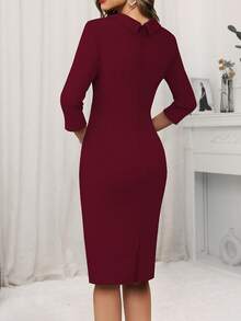 HOMEYEE Vintage Collared 3/4 Sleeve Ruched Button Pencil Dress, Business/Office Bodycon Dress - màu đỏ đậm - Xem 2