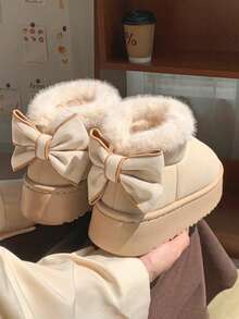 1 Pair Teens' EVA Thermal-Lined Bow Design Anti-Slip Thick Sole Casual Flat Shoes, Suitable For Autumn/Winter - Beige - View 12