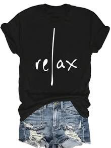 [Camiseta de Moda Casual] Camiseta suave y cómoda para mujer - Texto "Relax" Casual de manga corta y cuello redondo, regalo perfecto para la abuela y la mamá, uso casual de primavera y verano - Negro - Ver 1