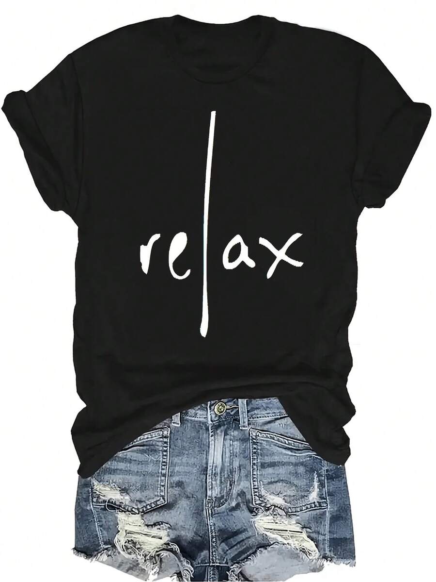 [Camiseta de Moda Casual] Camiseta suave y cómoda para mujer - Texto "Relax" Casual de manga corta y cuello redondo, regalo perfecto para la abuela y la mamá, uso casual de primavera y verano - Negro - Ver 1