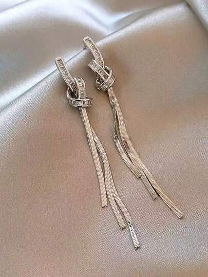 2pcs Elegant Crystal Silver Long Tassel Earrings, Versatile & Graceful, Suitable For Women's Daily Wear, Earring Pendant Gift