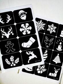2 张圣诞纹身模板，雪人、驯鹿、雪花模板可重复使用身体模板，闪光喷枪 DIY 纹身模板，适合女性、女孩和男孩身体艺术自粘模板派对礼物 - 黑色 - 查看 6