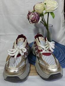 Women's Thick Sole Chunky Sneakers, New Vintage Breathable Fashion Casual Platform Shoes - Burgundy - View 3