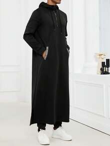Hooded Drawstring Robe, Modern Islamic Kaftan, Muslim Men's Robe - Black - View 5