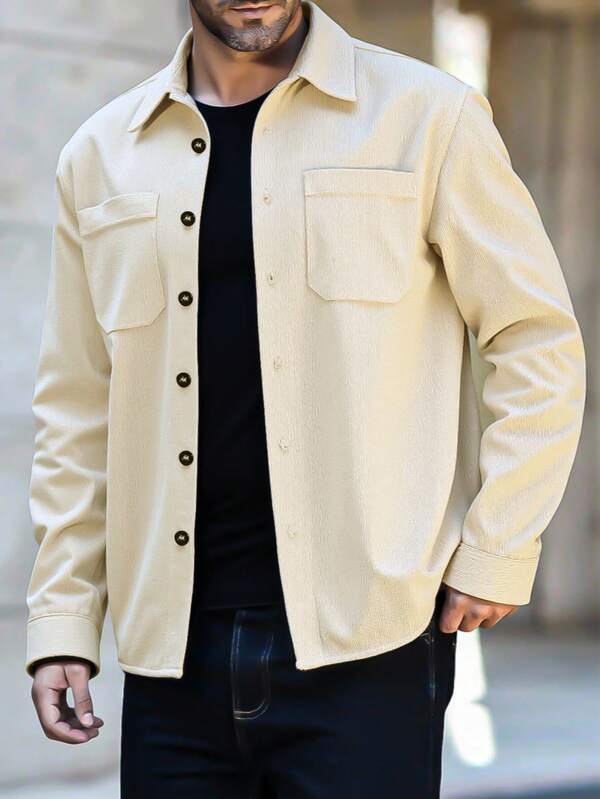 Camisa masculina casual de veludo cotelê, tecido confortável, gola estilo uniforme de trabalho, manga comprida. Ideal para uso casual, atividades ao ar livre, viagens, escritório e deslocamento diário. 100% poliéster, lavável à mão e à máquina. Ideal para o Natal.