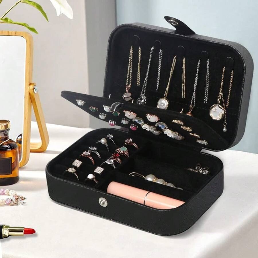 Travel Jewelry Box, Small Jewelry Organizer Boxes For Women Girls, 2 Layer Travel Jewlery Case, PU Leather Mini Portable Jewerly Storage Display Holder For Earrings, Ring, Necklaces, Bracelets - Black