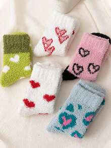 5 Pairs Coral Fleece Slipper Socks For Women, Cute Half Plush Heart Design, Warm Thick Mid-Calf Socks For Winter