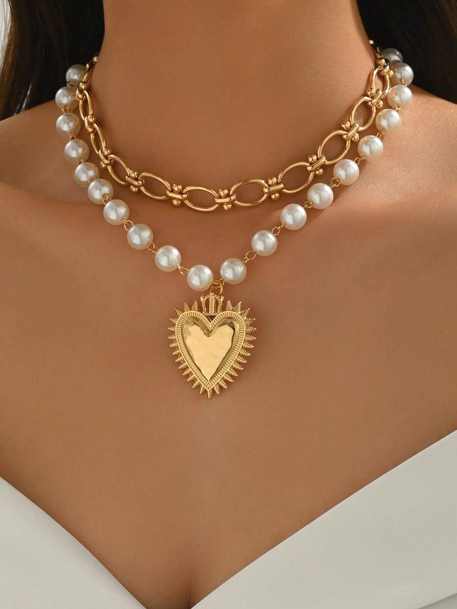2 pièces/set Collier pendentif vintage à couronne et cœur en faux perle doré à la mode, collier ras-du-cou ovale fait main, convient pour le port quotidien, la décoration, les fêtes, les cadeaux de festival, longueur de chaîne personnalisable - Multicolore - Voir 1