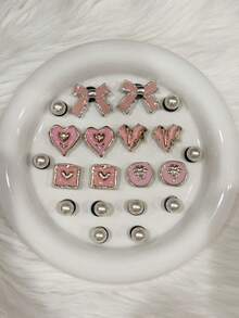 Set de 20 piezas Nuevos accesorios decorativos de moda originales para zapatos de niña, serie de lazos con efecto de goteo de color rosa, incluye: corazón con efecto de goteo, perla 3D, hebillas de zapato desmontables, hebillas de zapato de plástico ABS con perlas huecas, para el hogar y la playa en verano