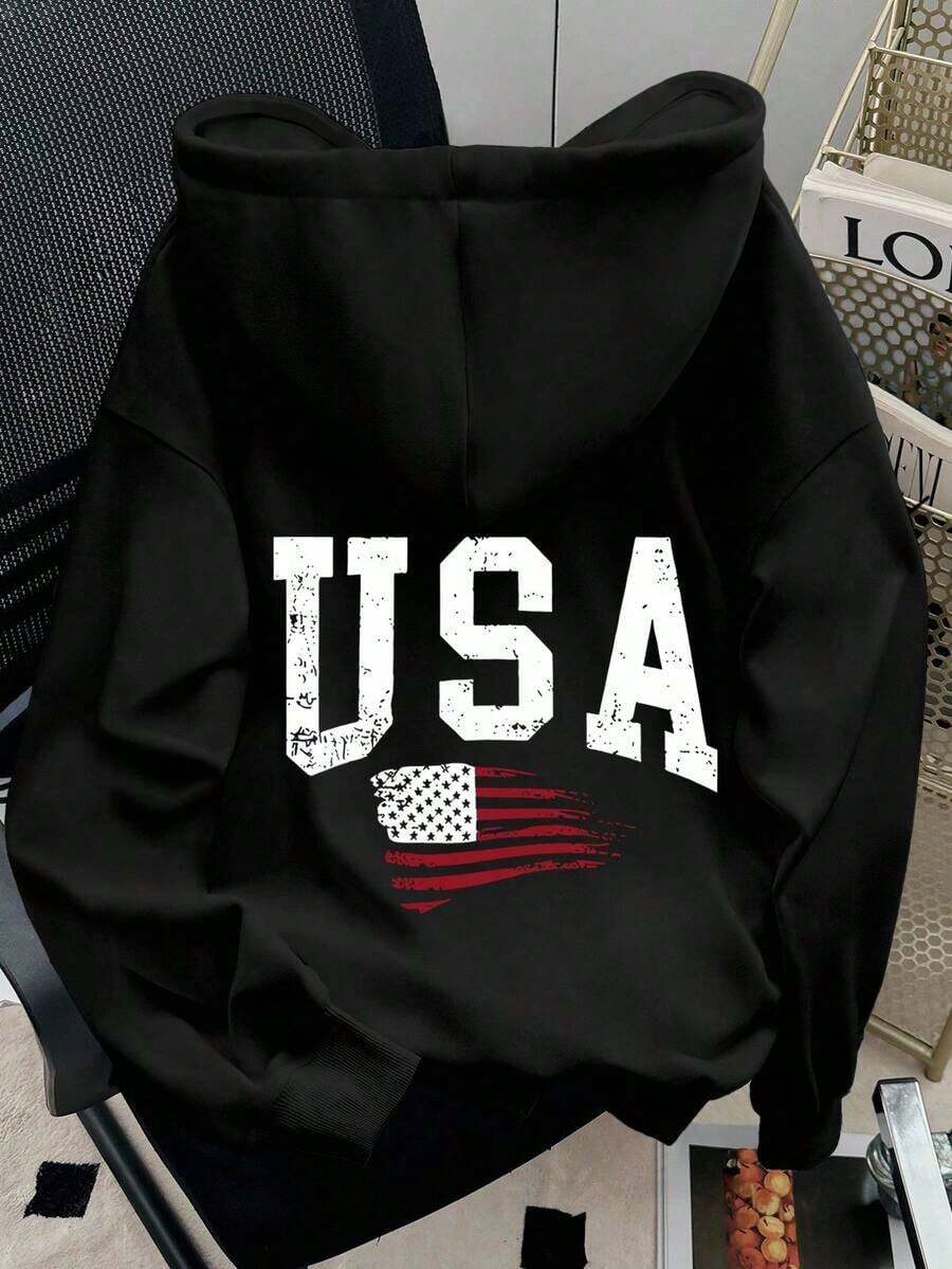 Winter Clothes For WomenINAWLY Women's Casual Letter & American Flag Print Long Sleeve Hoodie Sweatshirt, Autumn/WinterLoose And Comfortablehoodie Christmas Sweatshirt - 黑色 - 查看 1