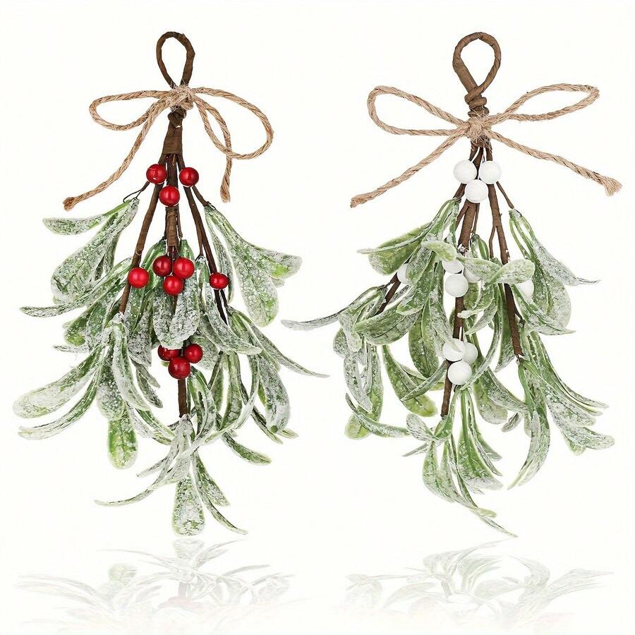 2 peças de visco artificial com bagas, enfeite de visco nevado para pendurar no Natal, flores artificiais de Natal, enfeites para árvore de Natal, para decoração de árvore de Natal, guirlanda DIY, embrulho de presentes de Natal, decoração de lareira, decoração de casa para festas de casamento, decoração de Natal para quarto, decoração de Natal de inverno, presentes de Natal para casa, decoração de Natal