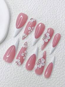 10Pcs Almond-Shaped Nails Y2K White French Style & Full Of Sparkling Rhinestones, 3D Flower Design Decoration, Ideal For Party And Daily Wear, Includes Tool Kit(1Pc Jelly Gel And 1Pc Nail File), Great As Gift For Women And Girls. Press On Nails Nail Supplies Nails - 彩色 - 查看 1