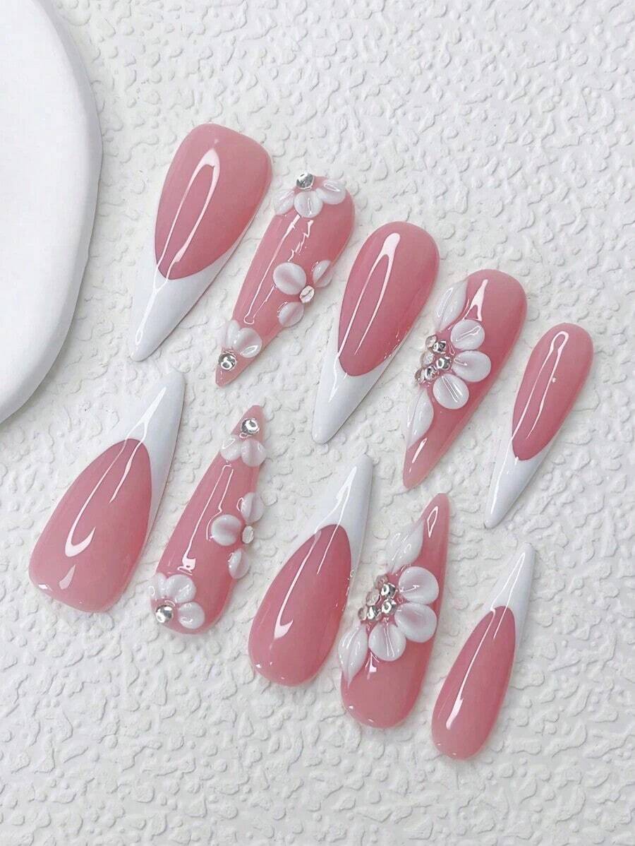 10Pcs Almond-Shaped Nails Y2K White French Style & Full Of Sparkling Rhinestones, 3D Flower Design Decoration, Ideal For Party And Daily Wear, Includes Tool Kit(1Pc Jelly Gel And 1Pc Nail File), Great As Gift For Women And Girls. Press On Nails Nail Supplies Nails - 彩色 - 查看 1