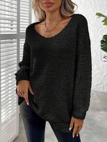 Plus Size Solid Color Crew Neck Casual Long Sleeve Knit Sweater Black Vacation - Black - View 4