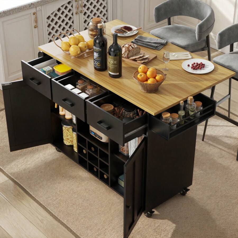Dining Cart, Kitchen Cart, Removable Dining Cart With Worktop, Towel Rail And Spice Rack, Adjustable Dividers, Buffet Cabinet, Kitchen Cabinets, Tabletop With Wood Grain, Black - 1 - View 1