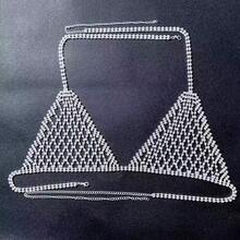 1 件水钻几何镂空文胸和丁字裤带身体链套装，欧美珠宝时尚胸链身体链性感流苏水钻比基尼胸链音乐节闪亮身体链， - 彩色 - 查看 5