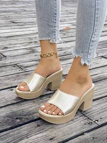 Women's Summer New Fashion Metallic Color Open Toe Slip-On Casual Vacation Beach Platform High Heel Sandals