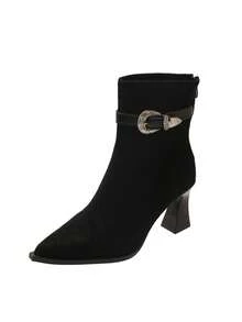 Botas Emagrecedoras Pretas, Botas de Salto Alto Antiderrapantes Estilo Britânico para Mulheres, Botas Curtas Versáteis de Estilo Ocidental com Fivela, Modelo 2025, com Zíper Traseiro, Botas Cano Médio para Senhoras