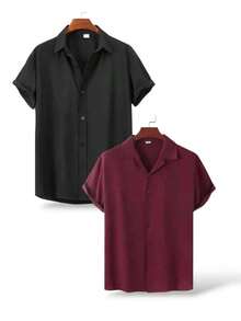 JL KIT 2 Short Sleeve Summer Viscose Shirt, Breathable And Skin-Friendly, Suitable For Business Casual Or Relaxing Moments - 黑色-酒紅 - 查看 1