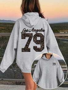 1pc Tween Girl Casual Leopard Print Letter Graphic Pullover Sweatshirt, Thermal Lined, Autumn/Winter