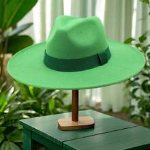 Adults Panama Hat With Ribbon Band Fashionable Wide Brim Felt Fedora Caps For Daily Life And Party - 綠色 - 查看 4