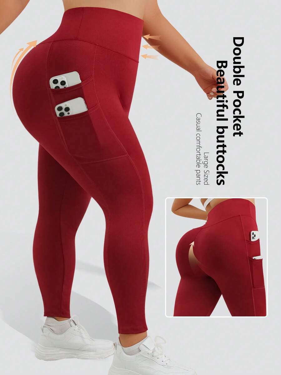 Quần legging thể thao yoga cỡ lớn, thiết kế 4 túi, kiểu dáng tôn dáng, cạp quần hai lớp, gấu quần có thể gập lại, phù hợp cho mùa xuân, hè, thu, đông. - Màu Đỏ Sâu - Xem 1