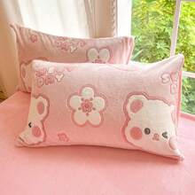 3 件套加厚保暖双面羊毛床上用品套装 - 绿心 + 卡通熊印花图案 | 1 件羽绒被套，2 件枕套，不含被子或枕头 | 舒适温暖透气，冬季必备床上用品 - 甜心小熊 - 查看 9