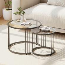 Nesting Coffee Table, 23.6" Round Coffee Table Set Of 2, Glass Nesting Table With Metal Frame, Ceter Tables For Living Room Bedroom Balcony - Black - View 10