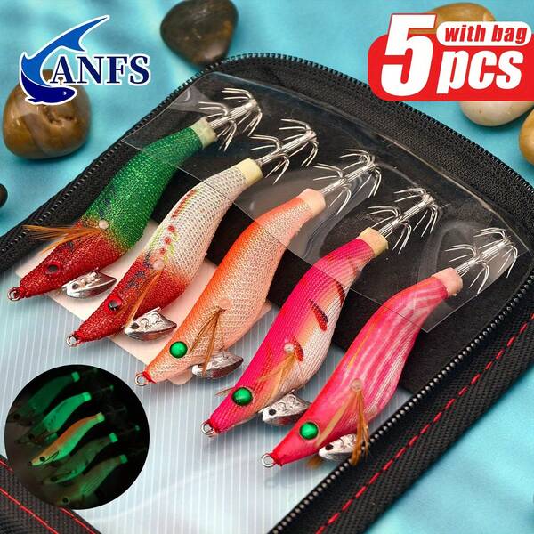 5 pezzi/Sacchetto Esche da pesca luminose a forma di calamaro - 2,2 esche miste di gamberetti e seppie per una pesca notturna efficace, esca da pesca