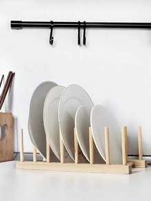 1pc Natural Wood Color Draining Rack, Creative Wooden Dish Drying Rack, Kitchen Supplies Display Shelf, Bookshelf, Multi-Purpose Solid Wood Storage Rack